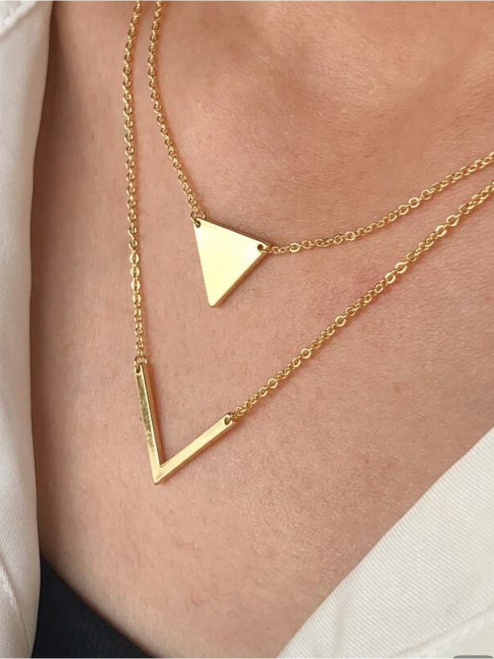 Minimal Gold Layered Triangle Necklace geometric pendant new Jewelry stack - Picture 3 of 5